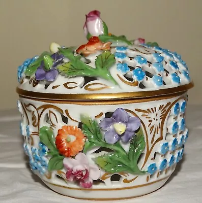 Buy Dresden Porcelain Flower Encrusted Pierce Design Lidded Bowl Collectible • 24.95£