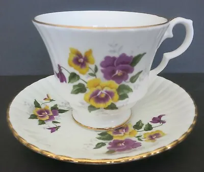 Buy Royal Windsor Tea Cup & Ribbed Saucer Purple & Yellow Pansies W/ Gold Trim • 9.65£