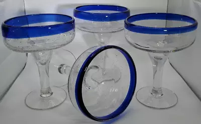 Buy Hand Blown, Quality, Bubbled, Margarita Glasses With Cobalt Blue Rims • 36.46£