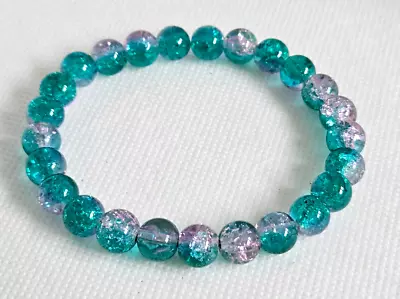 Buy Elasticated Sea Green & Pink Mermaid Mix Crackle Glass Round Bead Bracelet – NEW • 2.75£