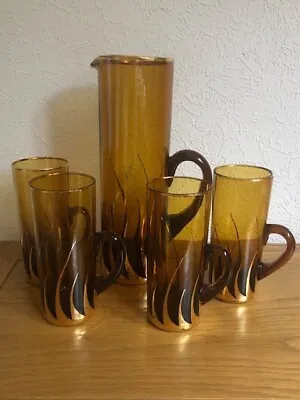 Buy Vintage Amber Glass Water/Lemonade Jug/Pitcher & Four Glasses With Handles • 25£