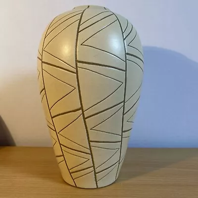 Buy Denby Handcrafted Stoneware Tall Cream Vase Taupe Brown Geometric Pattern 11.5” • 19.95£