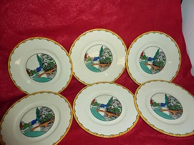 Buy Six Art Deco Adderley China 15.7cm Plate With 2 Bridges Over River & Trees,house • 25£
