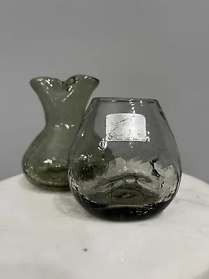 Buy Pair Of Vintage Pilgrim Art Glass Smoked Gray Crackle Glass Pinched Vases MCM • 28.92£