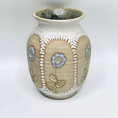 Buy Rob Fierek Studio Pottery Brown Vase Cornish Purple Flowers 18x14 CM Excellent • 30£