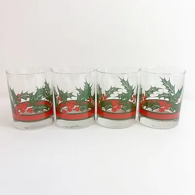 Buy Vintage Libbey Holly & Berry Set Of 4 Low Ball Rocks Glasses Christmas Tumblers • 23.97£