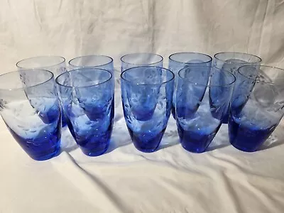 Buy 10 X Pfaltzgraff Summer Breeze 24 Oz Glasses Cobalt Blue Leaf Etched Cup Glass • 114.59£
