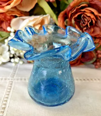 Buy Blue Cracked Glass Hand Blown Vase  4 Inches • 15.18£