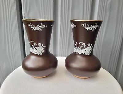 Buy Lovely Pair Of Small Brown Vintage Old Court Ware Hand Painted Vases  • 9.99£