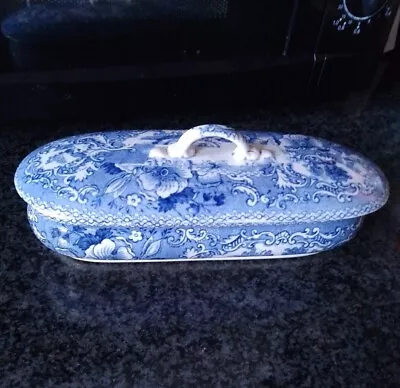 Buy ANTIQUE  TOOTHBRUSH  BOX WITH LID Blue And White Transferware Staffordshire  • 40£