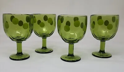 Buy Set Of 4 Vintage Large Green Glasses Footed Glasses ~ Goblets W/ Polka Dots  6  • 49.87£