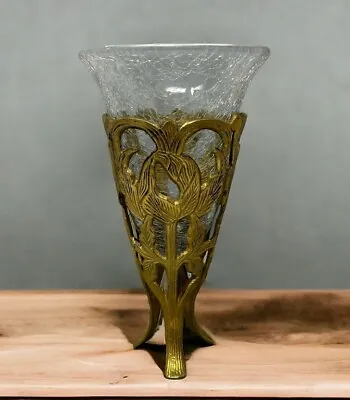 Buy Vintage Crackle Glass Brass Vase Art Nouveau Ornate Floral • 19.92£