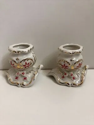 Buy Pair Of Irish Dresden Porcelain Gold White Ribbon Candle Holders Vintage • 37.71£