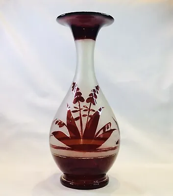 Buy Antique Bohemian Red Cranberry Flashed Hand Blown Glass Etched Vase Has Pontil • 22£