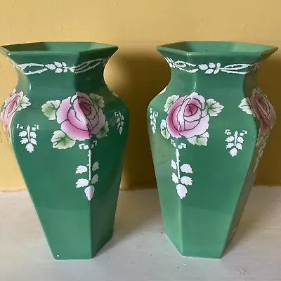 Buy Pair Of Vintage Art Deco Shelley Vases - Green With Rose Design • 4.99£