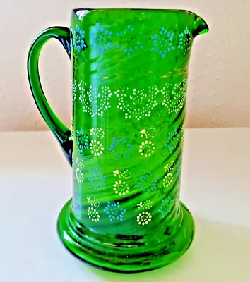 Buy Victorian Olive Green Glass Jug With Enameled Flower Design • 9.99£