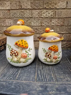 Buy Sears 1978 Merry Mushroom Ceramic Canisters With Lids, Vintage Folklore Kitsch 2 • 15.99£