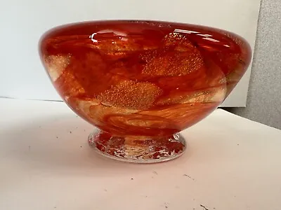 Buy Studio Art  Footed Bowl Hand Blown Glass Fire Red Orange Gold 6.5” Rounded Bowl • 47.43£