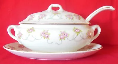 Buy Booths China England Tureen Underplate Lid & Ladle Pink Rose Garlands #7582 • 40.63£