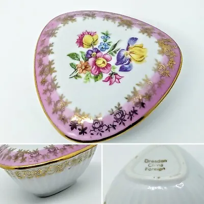 Buy 7cm Vintage Pink Dresden Porcelain Trinket Box, Gilded Triangular Floral Pillbox • 10£