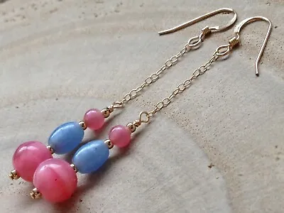 Buy Art Deco Pink & Blue SATIN Glass 14ct Rolled Gold Drop Earrings • 12.50£