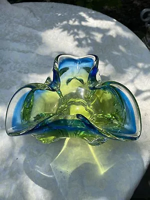 Buy Mid Century Vibrant Green & Blue Art Glass Chribska Sommerso Trifold Vase Czech • 40.99£