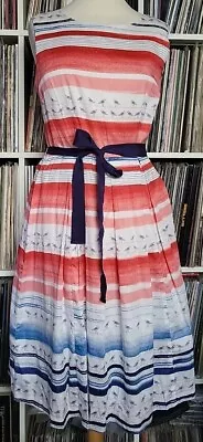 Buy Vintage 90s Laura Ashley Blue/red/white Seagull Pattern Cotton Tea Dress Lined 8 • 4.99£