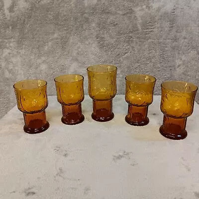 Buy Libbey Amber Country Garden Daisy Flower Glasses Set Of 5pc 1970's • 20.12£
