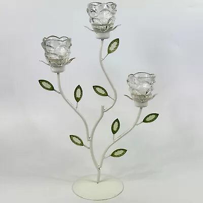 Buy Vintage French White Metal & Glass Floral Toleware Candelabra For 3 Real Candles • 18£