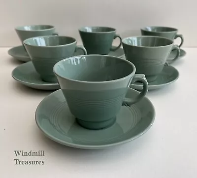 Buy 6 WOODS WARE BERYL GREEN CUPS & SAUCERS UTILITY 1940s - GREAT CONDITION • 24.99£