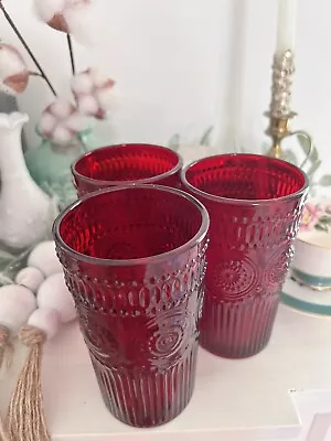 Buy Pioneer Woman Adeline Embossed Red  Cranberry Glass Tumblers 16 Oz Set Of 3 • 23.97£