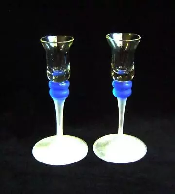 Buy Unusual Pair Blue & Frosted Crystal Glass Candlesticks 6  High • 12£