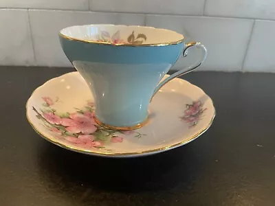 Buy Vtg Aynsley Turquoise Corset Tea Cup Cabbage Rose 2225 And Tuscan Saucer • 37.72£