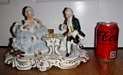 Buy Large Dresden Crown N Lace Porcelain Figurine ~ Lady & Gent Playing Dice • 19.99£