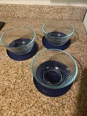 Buy VTG- Set  OF 3,PYREX GLASS!  (3 Cup)  Clear, RIBBED BOWLS W/lids - 7401-s , Good • 22.80£
