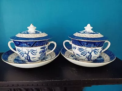 Buy 2 X  Rare Vintage Booths  Real Old Willow  Double Handled Lidded Cups & Saucers • 2.99£