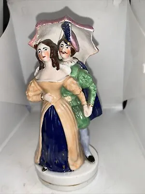 Buy Rare Old Mid 19c Staffordshire Figure Courting Couple Under Umbrella Parasol • 65£