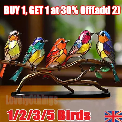 Buy 1/5 Birds Stained Glass Birds On Branch Desktop Ornaments Dual Sided Multicolor • 10.34£
