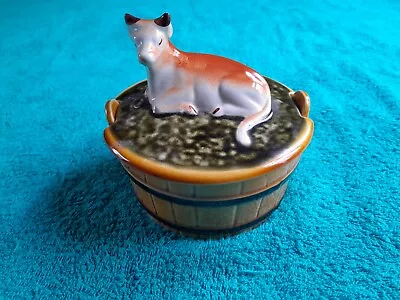 Buy Vintage/ Secla Majolica Pottery Cow On A Barrel. Lidded Butter Dish. • 7£
