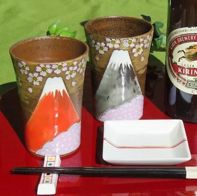 Buy Kutani Ware Pottery Beer Glass Pair Set Kinun Sakura Fuji Made In Japan • 178.06£