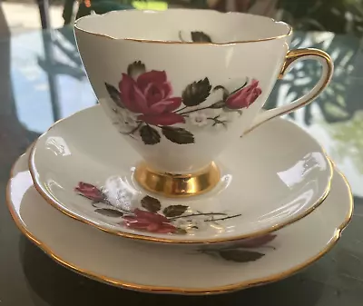 Buy Red/Pink Rose Royal Ascot Bone China Teacup, Saucer And Side Plate 22 Carat Gold • 14.99£