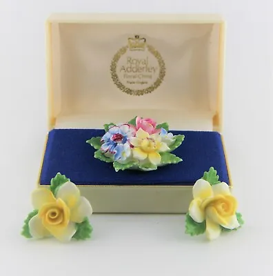 Buy Vintage Royal Adderley Bouquet Brooch Original Box Yellow Rose Earrings, England • 56.81£