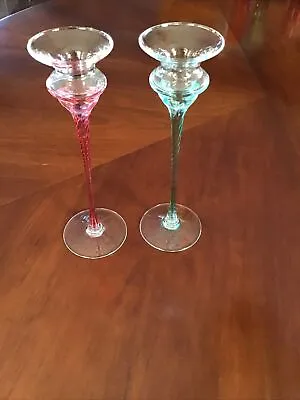 Buy 2 Pretty Long Stem Colored Glass Candle Holders • 12.34£