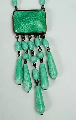 Buy Antique Art Deco Collier Necklace Czech Green Peking Glass Tassel • 70.74£