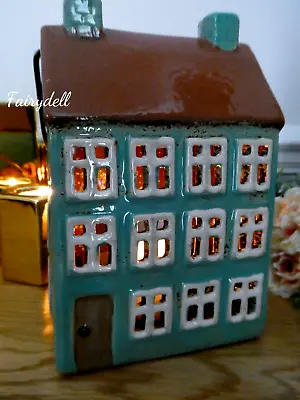 Buy Village Pottery Tea Light Candle House Cottage With Handle  ~ Tan Cream & Teal • 19.95£