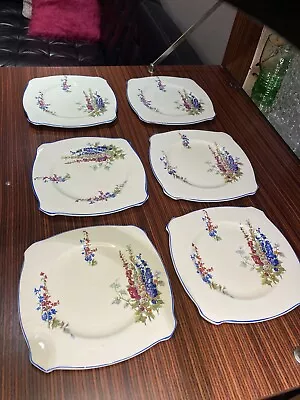 Buy Set Of 6 NEWHALL POTTERY DELPHINIUM DESIGN SQUARE TEA PLATE, 1939. • 24£
