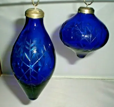 Buy 2 Antique Blue CUT GLASS Ornaments / Hand Blown • 61.67£