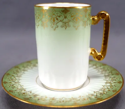 Buy Delinieres Limoges Green & Gold Scrollwork Chocolate Cup & Saucer C. 1894 - 1900 • 95.90£