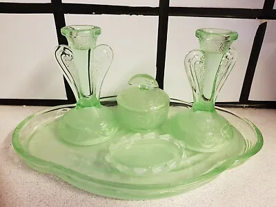 Buy Vintage Art Deco  Pale Green Pressed Glass Candle Holders On Display Tray  Dish  • 45£