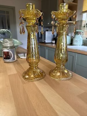Buy Two Vintage Large Amber Glass Candle Sticks  • 18£